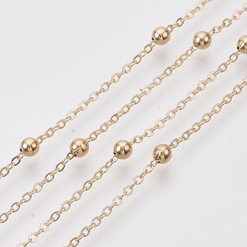 Brass Coated Iron Cable Chains, Satellite Chains, with Brass Round Beads, Soldered, with Spool, Flat Oval, Rose Gold, 2.2x1.7x0.7mm, about 39.37 Feet(12m)/roll