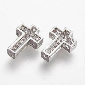Brass Micro Pave Cubic Zirconia Beads, Cross, Clear, Platinum, 10.5x7.5x3mm, Hole: 1mm