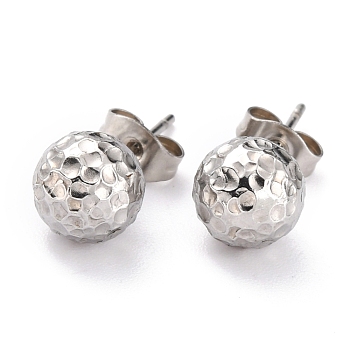 Textured Round Bead 304 Stainless Steel Stud Earring Findings, with Ear Nuts/Earring Backs and Hole, Stainless Steel Color, 19x8mm, Pin: 0.8mm