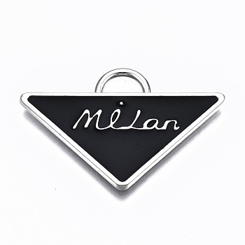 Alloy Enamel Pendants, Triangle with Word Milan, Cadmium Free & Lead Free, Platinum, Black, 23.5x36x2mm, Hole: 3.5x6mm