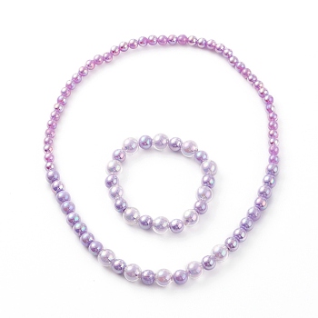 Acrylic Beaded Bracelet & Necklace Set for Kids, with Transparent Bead In Bead & AB Color Plated & Opaque Acrylic Beads, Round, Lavender, Inner Diameter: 4-1/8 inch(10.4cm), Inner Diameter: 1.85 inch(47mm)