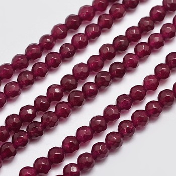 Natural Malaysia Jade Bead Strands, Imitation Ruby, Round, Dyed, Faceted, Dark Red, 4mm, Hole: 0.8mm, about 91pcs/strand, 14.5 inch