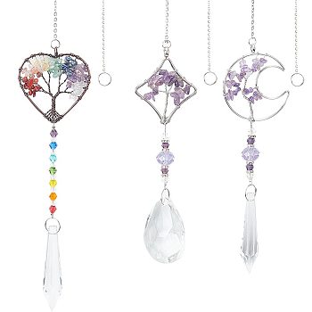 3Pcs 3 Style Chakra Theme Gemstone Pendant Decoration, Hanging Suncatcher, with Brass/Stainless Steel Rings and Rhombus/Moon/Heart Alloy Frame, Bullet & Teardrop, Mixed Color, 391~430x2mm, Hole: 10mm, 1pc/style