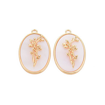 Brass Birth Floral Pendants, Oval with Flower Mother of Pearl White Shell Charms, Nickel Free, Real 18K Gold Plated, December Holly, 27x18x4mm, Hole: 1.8mm