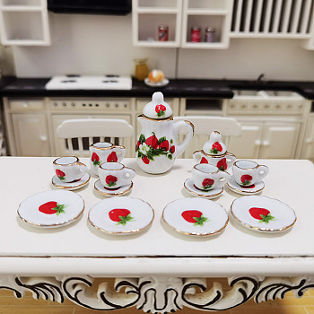 Mini Ceramic Tea Sets, including Teacup, Saucer, Teapot, Cream Pitcher, Sugar Bowl, Miniature Ornaments, Micro Landscape Garden Dollhouse Accessories, Pretending Prop Decorations, Strawberry Pattern, 15pcs/set