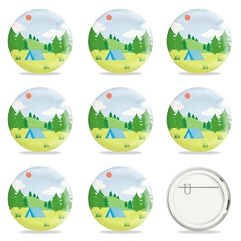 Tinplate Brooch, with Plastic Bottom & Iron Pin, Flat Round, Colorful, Tree Pattern, 58x4mm, 9pcs/set