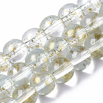 Transparent Spray Painted Glass Bead Strands, with Golden Foil, Round, Clear, 6~7mm, Hole: 1.2~1.5mm, about 65~67pcs/Strand, 14.76 inch~15.12 inch(37.5~38.4cm)