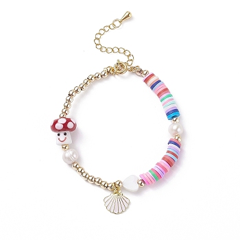 Alloy Enamel Shell Charm Bracelet, Natural Pearl & Polymer Clay & Lampwork Mushroom Bracelet for Women, Colorful, 7-3/8 inch(18.65cm)