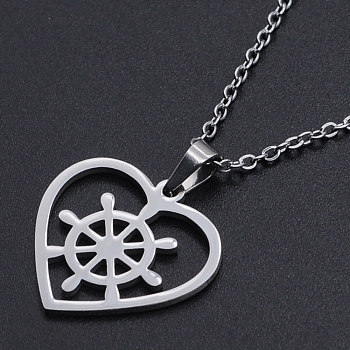 201 Stainless Steel Pendants Necklaces, with Cable Chains and Lobster Claw Clasps, Heart with Helm, Stainless Steel Color, 17.71 inch(45cm), 1.5mm