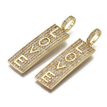 Brass Micro Pave Clear Cubic Zirconia Pendants, for Valentine's Day, Nickel Free, Rectangle with Word Love, Real 16K Gold Plated, 39.5x12x2.5mm, Hole: 7.5x6mm