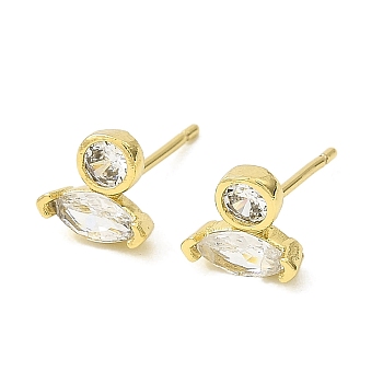Real 18K Gold Plated Brass Horse Eye Stud Earrings, with Cubic Zirconia, Long-Lasting Plated, Lead Free & Cadmium Free, Clear, 7x6.5mm
