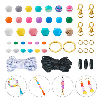 DIY Keychain Bracelet Making Kit, Including Alloy Key Rings, Plastic & Alloy Lobster Claw Clasps, Wood Octagon with Eye & Silicone Hexagon Round Abacus Beads, Polyester Elastic & Nylon Thread, Mixed Color