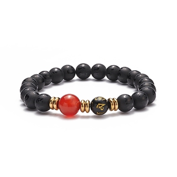 Om Mani Padme Hum Mala Beads Bracelet, Natural Agate & Red Agate Carnelian & Obsidian Beaded Stretch Bracelet, Gemstone Jewelry for Women, Inner Diameter: 2-3/8 inch(6cm)