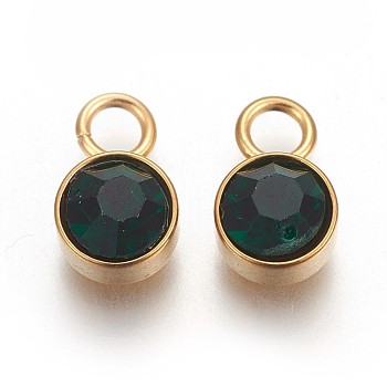 Glass Rhinestone Charms, May Birthstone Charms, with Golden Tone 201 Stainless Steel Findings, Flat Round, Emerald, 10x6x4mm, Hole: 2.3mm