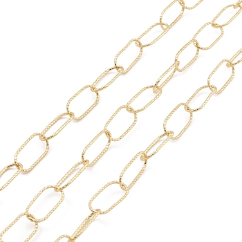Brass Textured Oval Link Chains, Unwelded, with Spool, Real 18K Gold Plated, 14x7x0.8mm