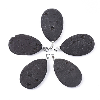 Electroplate Natural Druzy Geode Agate Pendants, with Brass Findings, teardrop, Platinum, Black, 37~38x21~22x7~8mm, Hole: 4.5x4mm