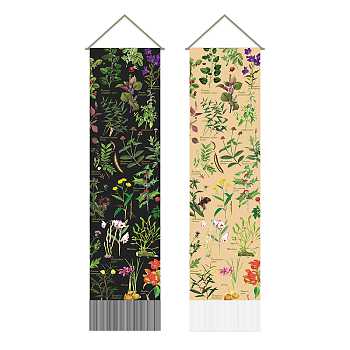 Polyester Decorative Wall Tapestrys, for Home Decoration, with Wood Bar, Rope, Rectangle, Plants Pattern, 1300x330mm