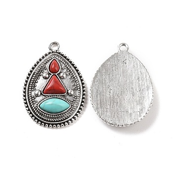 Alloy Pendants, Teardrop Charms, with Dyed Synthetic Turquoise, Antique Silver, 36.5x25x5mm, Hole: 2.5mm