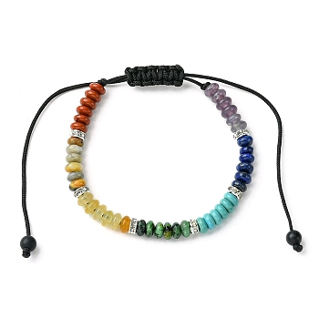 Natural & Synthetic Mixed Gemstone Flat Round Braided Bead Bracelets, Chakra Theme Adjustable Bracelet, Inner Diameter: 1-1/2~3-3/4 inch(3.8~9.6cm)