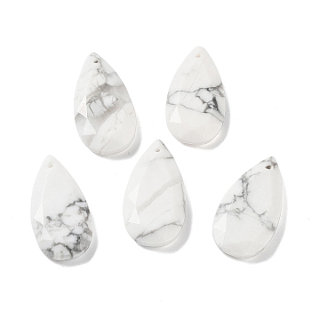 Natural Howlite Faceted Pendants, Teardrop Charms, 25x13x4mm, Hole: 1mm