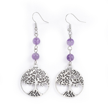 Tibetan Style Alloy Dangle Earrings, with Natural Amethyst Beads and Iron Earring Hooks, Flat Round with Tree of Life, 71.5mm, Pin: 0.6mm