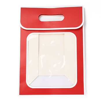 Rectangle Paper Bags, Flip Over Paper Bag, with Handle and Plastic Window, Red, 30x21.5x13cm
