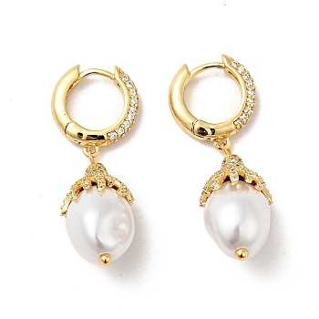 ABS Imitation Pearls Drop Dangle Hoop Earrings with Clear Cubic Zirconia, Real 18K Gold Plated Brass Jewelry for Women, Real 18K Gold Plated, 38.5mm, Pin: 0.8mm