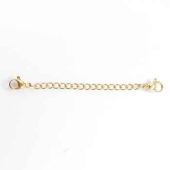 Vacuum Plating 304 Stainless Steel Chain Extender, with Curb Chains and Lobster Claw Clasps, Real 18K Gold Plated, 50x6.5mm, Ring: 4x3x0.6mm, Clasp: 10.5x6.5x3.5mm.