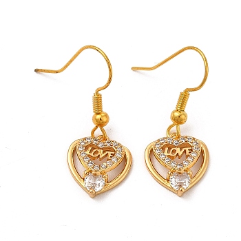Rack Plating Brass Micro Pave Cubic Zirconia Dangle Earrings, Long-Lasting Plated Heart with Word Love Jewelry for Women, Cadmium Free & Lead Free, Real 18K Gold Plated, 29.5mm, Pin: 0.7mm