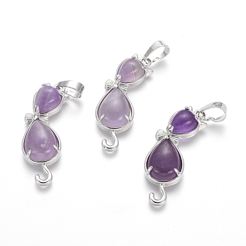 Natural Amethyst Kitten Pendants, with Platinum Tone Brass Findings, Cat with Bowknot Shape, 35.5x12x6mm, Hole: 5x7mm