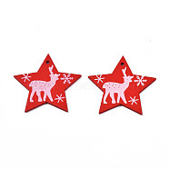 Christmas Theme Spray Painted Wood Pendants, Single-Sided Printed, Star with Reindeer/Stag, Red, 47x49x2.5mm, Hole: 2mm(WOOD-N005-50B)