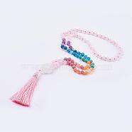 Frosted Natural Weathered Agate and Rose Quartz Necklace, with Nylon Tassel Pendants, 34.6 inch(88cm)(NJEW-F159-A01)