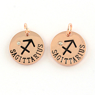 Alloy Pendants, with Rhinestone, Flat Round, with Constellation/Zodiac Sign, Rose Gold, Sagittarius, 22x2.5mm, Hole: 5.5mm(PALLOY-S083-12RG)