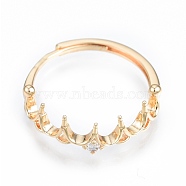 Brass Micro Clear Cubic Zirconia Adjustable Ring Settings, For Half Drilled Beads, Nickel Free, Crown, Real 18K Gold Plated, US Size 6 3/4(17.1mm), Pin: 0.8mm(for half drilled beads)(KK-T062-238G)