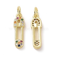 Brass Micro Pave Colorful Cubic Zirconia Pendants, with Jump Ring, Safety Pin Charms, Real 18K Gold Plated, 17.5x5x2.5mm, Hole: 3.2mm(KK-E068-VF161)