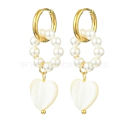 Natural Pearl & Shell Heart Dangle Hoop Earrings, Golden Alloy Drop Earrings, White, 40x12~12.5mm(EJEW-TA00323)
