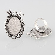 Vintage Adjustable Iron Finger Ring Components Alloy Double Kissing Birds Cabochon Bezel Settings, Cadmium Free & Lead Free, Antique Silver, Oval Tray: 25x18mm, 17mm(PALLOY-O039-14AS)