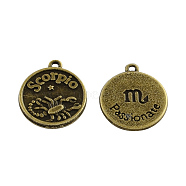 Double-side Tibetan Style Alloy Pendants, Flat Round with Constellation/Zodiac Sign Sign, Cadmium Free & Nickel Free & Lead Free, Scorpio, 20.5x18x2.5mm, Hole: 2mm, about 1pcs/5g(TIBEP-Q038-06AB-NR)