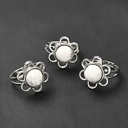 Natural Howlite Adjustable Rings, Platinum Tone Flower Brass Rings for Women, Cadmium Free & Lead Free, US Size 7 3/4(17.9mm), 3~7mm(RJEW-P043-01P-21)
