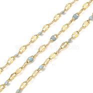 Ion Plating(IP) 304 Stainless Steel Dapped Chains, Enamel Style, Real 18K Gold Plated, Soldered, with Spool, Polished, Light Sky Blue, 4x2x0.3mm, about 32.81 Feet(10m)/Roll(STAS-P368-02G-04)