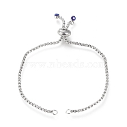 Adjustable 304 Stainless Steel Slider Bracelet/Bolo Bracelets Making, with Box Chains and Rhinestone, Sapphire, Stainless Steel Color, 9-1/8 inch(23.2cm), 2mm(STAS-I153-03P-03)