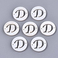 Natural Freshwater Shell Links Connectors, Flat Round with Letter, Letter.D, 14.5x1.5mm, Hole: 0.9mm(SHEL-S276-120D)
