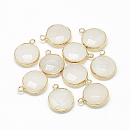Natural White Jade Pendants, with Brass Findings, Faceted, Dyed, Flat Round, Golden, Creamy White, 19~21x15~16x6~7mm, Hole: 2mm(X-G-Q964-13G)