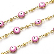 Brass Bar Link Chains, with Enamel, Spool, Long-Lasting Plated, Soldered, Evil Eye, Golden, Pink, Link: 6.5x2.5mm and 12x6.7x4mm(CHC-L039-34A-G)