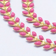 Brass Handmade Chains, Unwelded, with Enameled Cobs, Long-Lasting Plated, Leaf, Real 18K Gold Plated, Deep Pink, 6.5x6x0.5mm(CHC-P004-C05G)