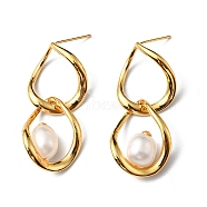 Natural Pearl Beaded Twist Teardrop Dangle Stud Earrings, Brass Jewelry, Cadmium Free & Lead Free, Real 18K Gold Plated, 38x18mm(EJEW-P229-02G)
