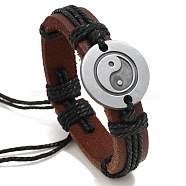 Adjustable Cowhide Cord Bracelets for Men, Antique Silver Tone Yin Yang Alloy Links Bracelets, Black, 6-3/4~7-1/8 inch(17~18cm)(BJEW-PW0001-01A)