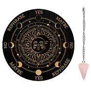 AHADEMAKER 1Pc Wood Pendulum Board, 1Pc 304 Stainless Steel Cable Chain Necklaces, 1Pc Natural Rose Quartz Stone Pendants, for Witchcraft Wiccan Altar Supplies, Moon, Board: 200x4mm(DIY-GA0006-20J)