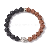 Round Natural Lava Rock & Natural Rudraksha Beaded Stretch Bracelets, Buddha Head Bracelets for Women Men, Inner Diameter: 2-3/8 inch(6cm)(BJEW-TA00527)