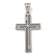 304 Stainless Steel Pendants, with Crystal Rhinestones, Cross Charm, Stainless Steel Color, 42x26x3mm, Hole: 7x4.5mm(STAS-D110-20AS)